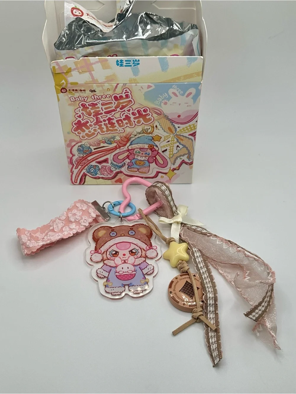 Baby Three BB3 Acrylic Keychain Love Chain Bag Charm Ribbon Heart Carabiner Clip